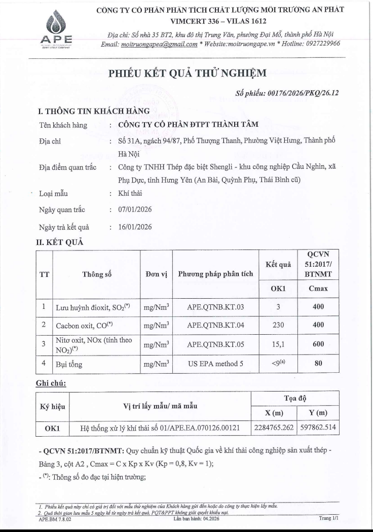 KẾT QUẢ QUAN TRẮC QUÝ I.2026 CỦA ỐNG KHÓI 1, 2